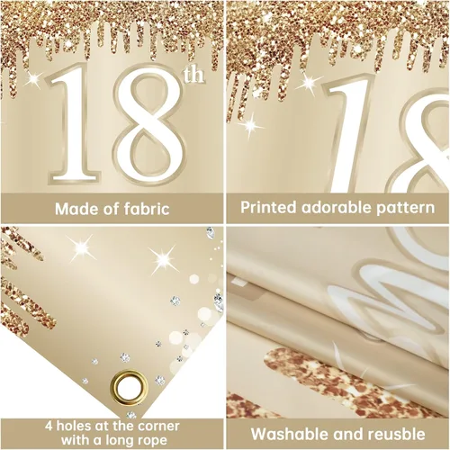 Miniatura 6 de Cartel de feliz cumpleaños 15 para niñas, decoración de fondo de cumpleaños dorado y blanco con texto en inglés "Sweet 15", póster de fondo