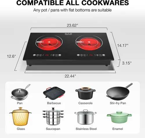 Miniatura 5 de VBGK Placa de cocina eléctrica de 3 quemadores, estufa eléctrica de 24 pulgadas, control táctil y de perilla, LED, 9 niveles de potencia, bloqueo