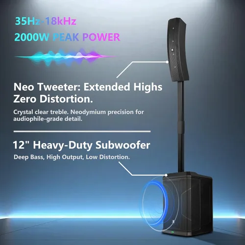 Miniatura 3 de PRORECK 900EX - Sistema PA portátil de columna de matriz de línea pico de 2000 W, subwoofer alimentado de 12 pulgadas con DSP integrado, TWS