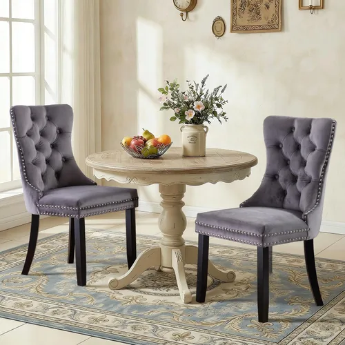 Miniatura 29 de SoarFlash Juego de 2 sillas de comedor de tela de lino, sillas de comedor tapizadas con ribete de cabeza de clavo y patas de madera de color claro
