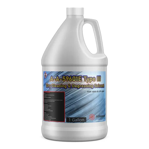 Alliance Chemical A-A-59601E Disolvente de limpieza en seco y desengrasante tipo III - 1 galón - NSN: 6850-01-377-1809 - Propiedades del disolvente