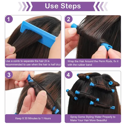 Miniatura 7 de Coolrunner Juego de varillas de permanente, 60 varillas de plástico azul con peine de acero para rizar el cabello, herramientas de peinado