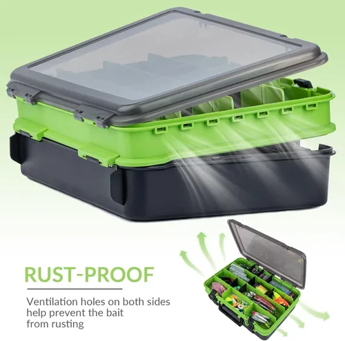 Miniatura 3 de THKFISH Caja organizadora de aparejos de pesca, cajas de pesca de doble capa, caja para exteriores, con divisores ajustables, 14.96 x 10.23 x 4.5