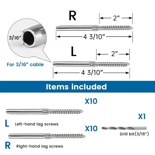 Miniatura 2 de Muzata Paquete de 20 tornillos para barandillas de cable de 3/16 pulgadas, rosca para zurdos y diestros para poste de madera T316, sistema