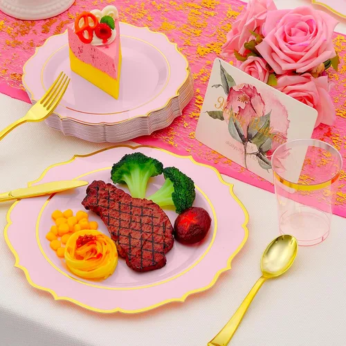 Miniatura 2 de 175 PCS Platos de Plástico Rosa para 25 Invitados, Juego de Vajilla Desechable Rosa y Dorado para Fiestas y Bodas Incluye 25 Platos de Cena y 25