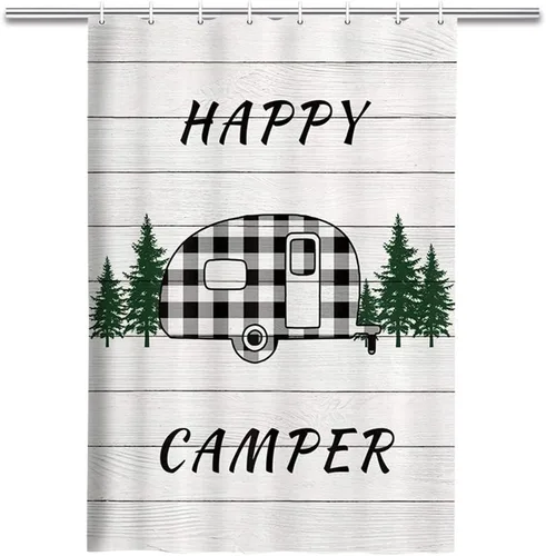 MERCHR Happy Camper - Cortina de ducha para caravana, remolque a cuadros de búfalo con árboles en casa de campo, tela de madera gris rústica,
