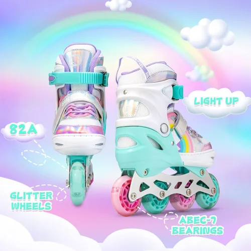 Miniatura 8 de SULIFEEL Patines en línea de unicornio arcoíris para niñas y niños, 4 tamaños, ajustables, con ruedas iluminadas, para niños principiantes Un arco