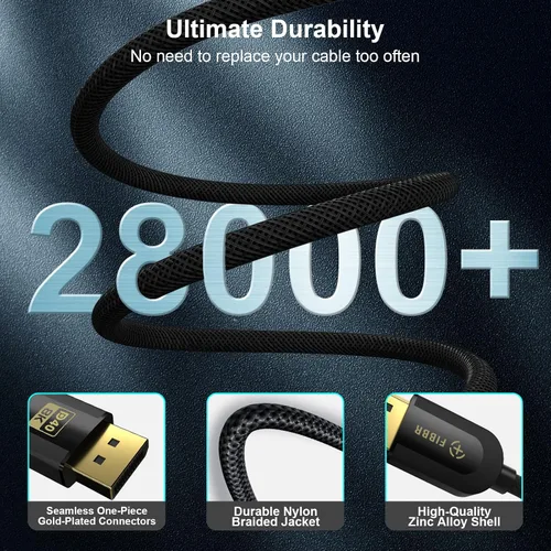 Miniatura 5 de FIBBR Cable DisplayPort 2.1 certificado VESA de 40 Gbps, cable DP40 de 16.5 pies, 16K @30Hz 10K @30Hz 8K @60Hz 4K @165Hz, HDR, HDCP2.2, DSC 1.2a