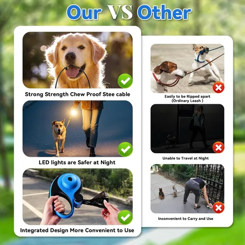 Miniatura 2 de Correa retráctil resistente de 26 pies para perros grandes, correa de perro con soporte para bolsa de excrementos, hasta 100 libras, con luz LED