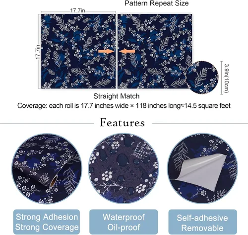 Miniatura 7 de VaryStyle Papel tapiz de ramas florales de 17.7 x 118 pulgadas, color azul marino/blanco, ramas de helecho, papel tapiz floral para despegar
