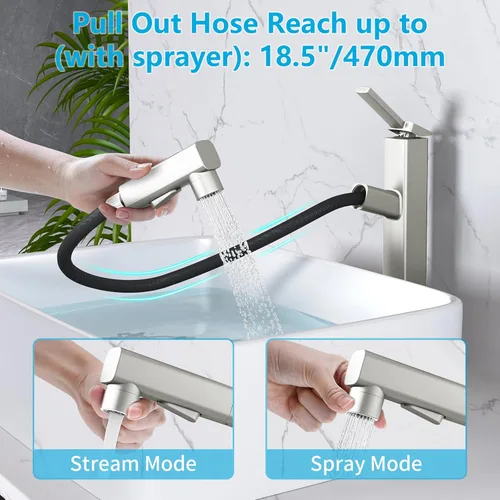 Miniatura 3 de MIAOHUI Grifo de Lavabo de Vasija con Rociador Extraíble, Grifo Alto de Lavabo de Baño de 3 Modos de Rociado, Grifos Altos de Baño para Lavabo de 1