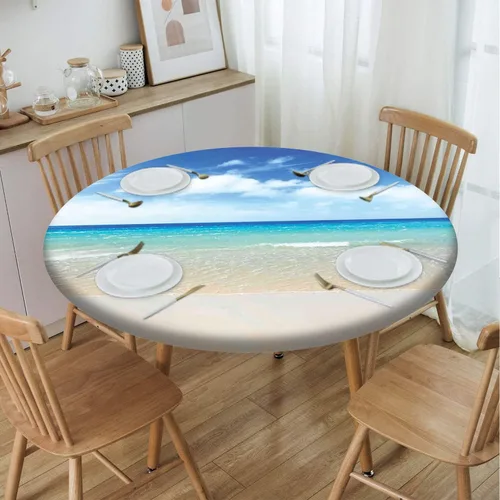 Miniatura 49 de Mantel con patrón de playa, borde elástico, impermeable, lavable, para uso en interiores y exteriores, patio, turquesa aguamarina, para mesas