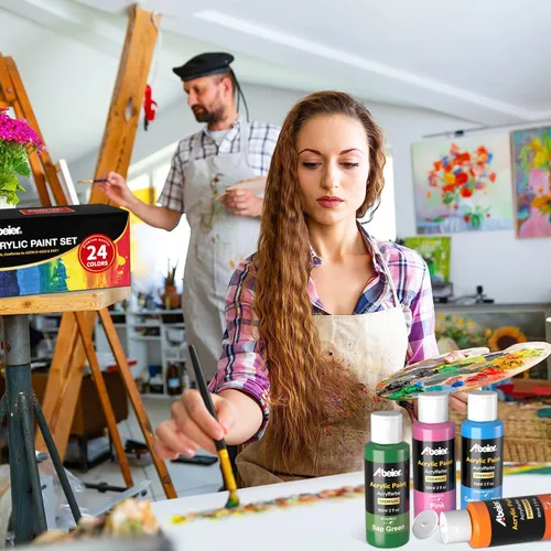 Miniatura 7 de ABEIER Juego de pintura acrílica, 24 colores (60ml/2oz) con 12 pinceles de pintura, no tóxico, resistente al agua, fuerte cobertura para niños