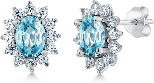 Miniatura 78 de Gem Stone King Aretes ovalados de plata de ley 925 de 0.276 x 0.197 in con piedra natal de la princesa Diana, estilo halo real para mujeres