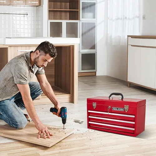 Miniatura 8 de Caja de herramientas de metal de 20.3 pulgadas con cajón, caja de herramientas de acero portátil con forro protector y cierre de pestillo y Rojo