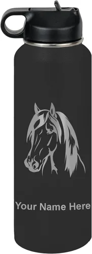 Miniatura 71 de LaserGram Botella de agua personalizada, cabeza de caballo 1, acero inoxidable de doble pared aislada al vacío con popote superior, regalo grabado