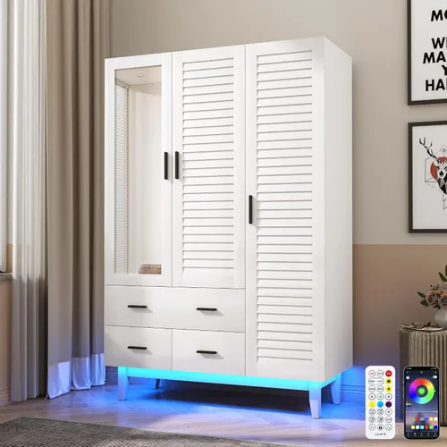Miniatura 9 de Hlivelood Armario Ropero Closet de 2 Puertas con Espejo, Cajones y Luces LED, Estantes de Múltiples Niveles, Barra Colgante y 2 Puertas de Persiana
