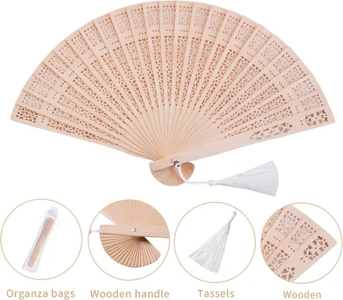 Miniatura 2 de Sepwedd Juego de 50 abanicos de madera de sándalo, abanicos de mano para baby shower, recuerdos de fiesta con bolsas de organza y borlas, ventilador