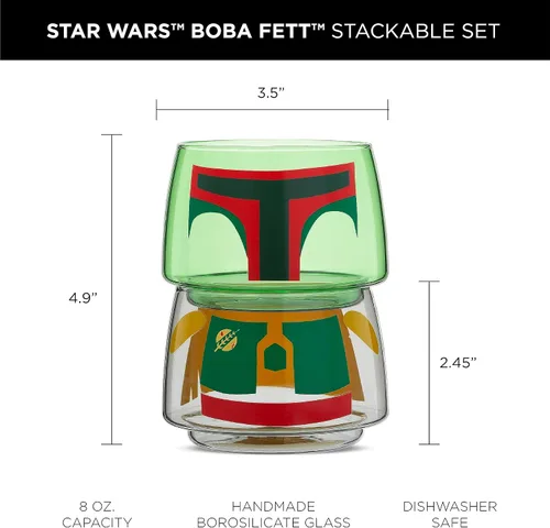 Miniatura 2 de JoyJolt Tazas apilables con diseño de personajes de Star Wars - 8oz Boba Fett Set de 2 vasos de vidrio con cabeza y cuerpo - Vasos divertidos