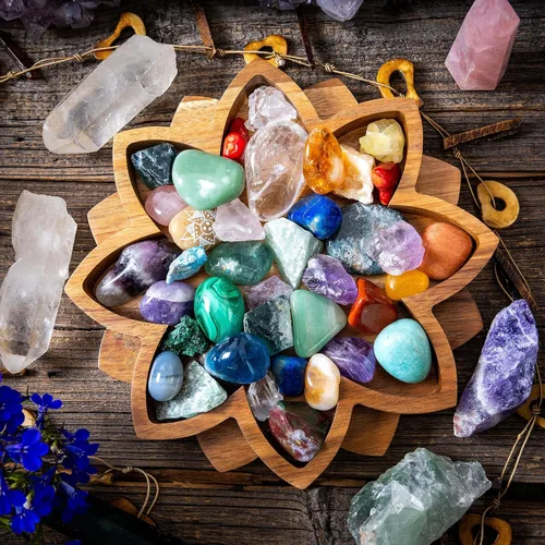 Miniatura 7 de Bandeja de exhibición de cristal Lotus – Muestra tus gemas, piedras curativas y tesoros – Cuenco de madera para rocas de 8 x 8 pulgadas, soporte