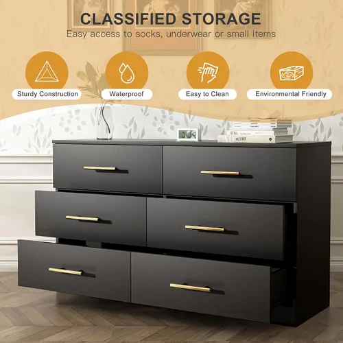 Miniatura 3 de Spaco Cómoda negra para dormitorio, cómoda moderna y grande de 6 cajones con asa dorada, cómoda de almacenamiento, mueble de madera para TV, mueble