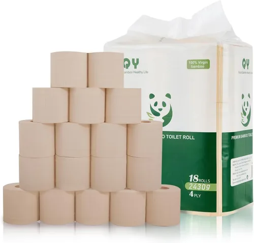 Papel higiénico de bambú, 4 capas, 18 rollos, 200 hojas por rollo, total de 3600 hojas, sin blanquear, sostenible y sin árboles, suave, fuerte,