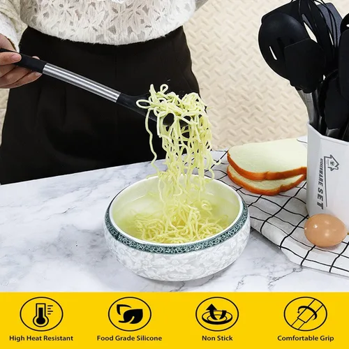 Miniatura 6 de Tenedor de silicona para pasta, cuchara de espagueti, para cocina, resistente al calor, cuchara de pasta de grado alimenticio con mango de acero