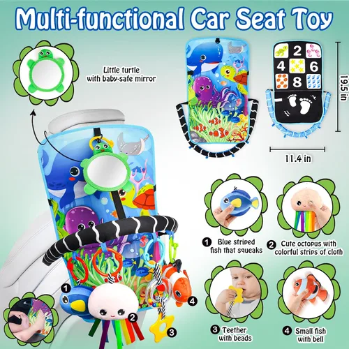 Miniatura 4 de Juguetes de Animales Marinos para Asiento de Coche de Bebé - Juguetes de Asiento de Coche Infantil de Doble Cara para Patear y Jugar con Juguetes