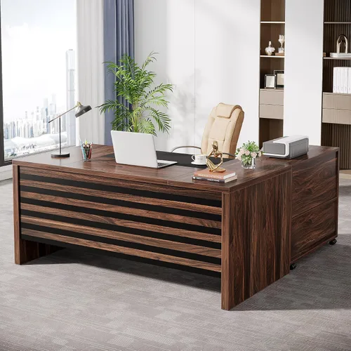 Tribesigns Escritorio Ejecutivo de 62.2" con Archivador Móvil, Escritorio de Oficina en Forma de L con Estantes de Almacenamiento, Mesa Grande para