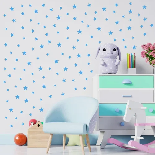 Miniatura 3 de Calcomanías de estrella azul bebé para niños y niñas, calcomanías de pared para habitación de niños (azul claro, estrella mixta, 112 unidades)