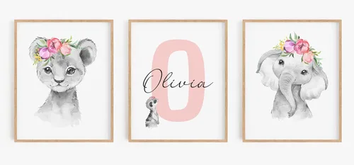 Miniatura 12 de Juego de arte de pared personalizado de safari para guardería, impresiones de animales de la selva con nombre personalizado, imágenes de decoración
