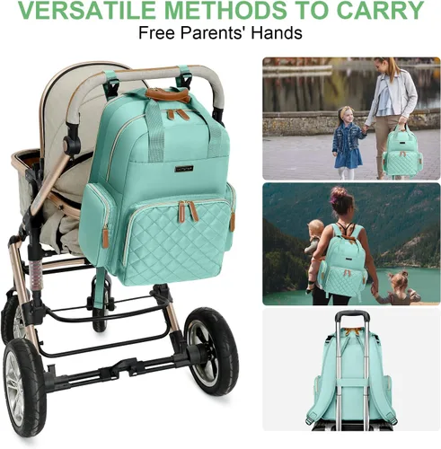 Miniatura 5 de Mochila para pañales con cambiador, organizador de bolsas de pañales para mamás, papás, bolsas cambiadoras grandes para bebés Verde claro