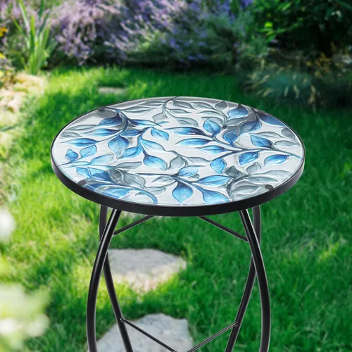 Miniatura 2 de MUMTOP Mesas auxiliares de patio, mesa auxiliar de mosaico para exteriores, 14 pulgadas, color azul y transparente, mesa auxiliar redonda de cristal