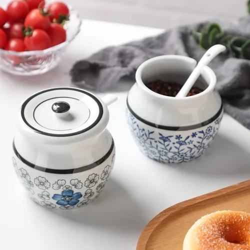 Miniatura 6 de Bodega de sal de cerámica con tapa y cuchara, cuencos de sal y pimienta, juego de 2 tarros de condimentos de porcelana, contenedor de especias, caja