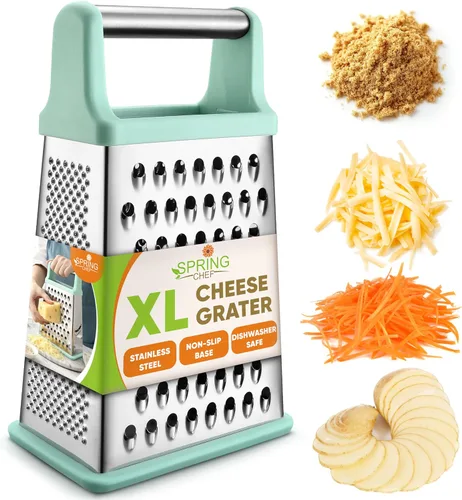Spring Chef Rallador profesional de queso, rallador de caja de acero inoxidable para cocina, tamaño XL, triturador perfecto de 4 caras para queso