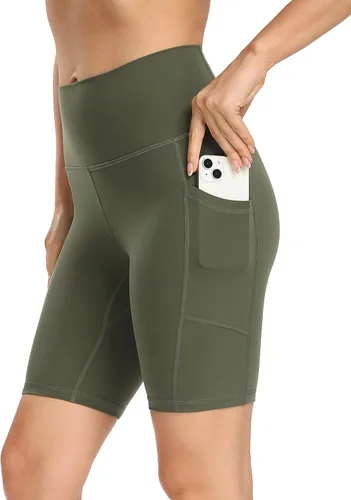 YUNOGA Pantalones cortos de ciclista para mujer de 68 pulgadas, pantalones cortos de yoga de cintura alta con bolsillos, pantalones cortos de