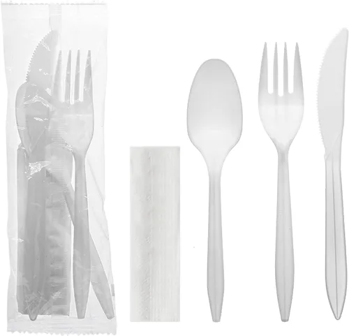 Miniatura 8 de Party Essentials Paquetes de cubiertos de plástico envueltos individualmente, tenedor/cuchara/cuchillo/servilleta/sal/pimienta, 50