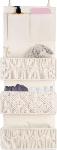 FEILANDUO Organizador de armario de macramé bohemio con 3 bolsillos grandes tejidos detrás de la puerta organizador para guardería, despensa, baño,