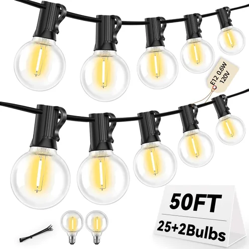 Miniatura 8 de Luces de cadena LED G40 para exteriores de 25 pies con 12+1 bombillas, enchufe E12, blanco cálido de 2700K, grado comercial, resistente a