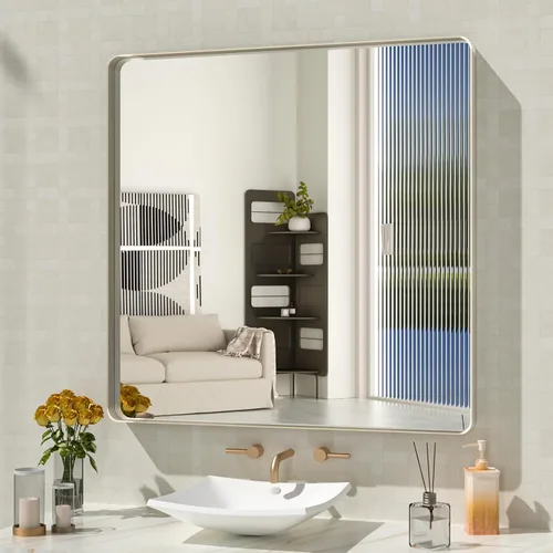 Miniatura 41 de WEER - Espejo de baño dorado, espejo de 40x32 pulgadas con marco de metal dorado cepillado, espejo de tocador de baño de oro para pared
