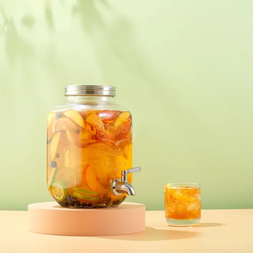 Miniatura 8 de Dispensador de bebidas de 1 galón. Dispensador de bebidas de vidrio con espita de acero inoxidable más cilindro de hielo e infusor de frutas.