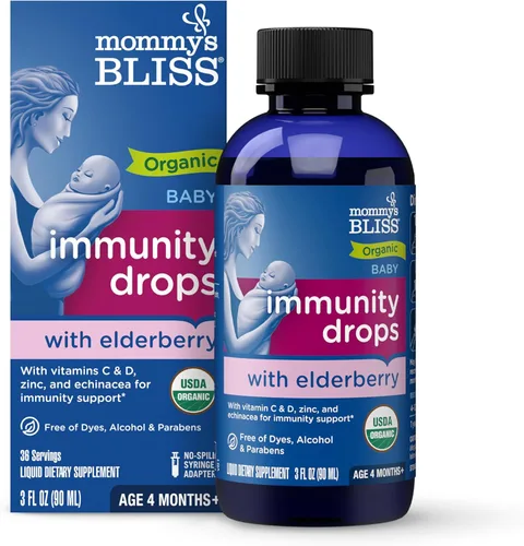 Mommy's Bliss Gotas de saúco orgánico para bebé, apoyo inmunológico con vitaminas, prebióticos, zinc y equinácea orgánica, para niños mayores de 4