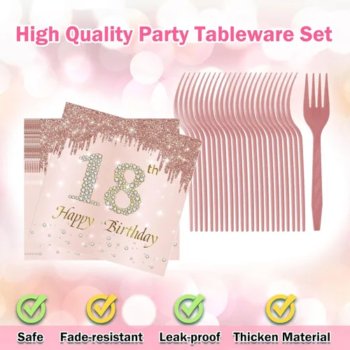 Miniatura 4 de Decoraciones de cumpleaños número 18 para niñas, platos y servilletas de oro rosa, suministros de fiesta de papel rosa para mujeres, juego de 96