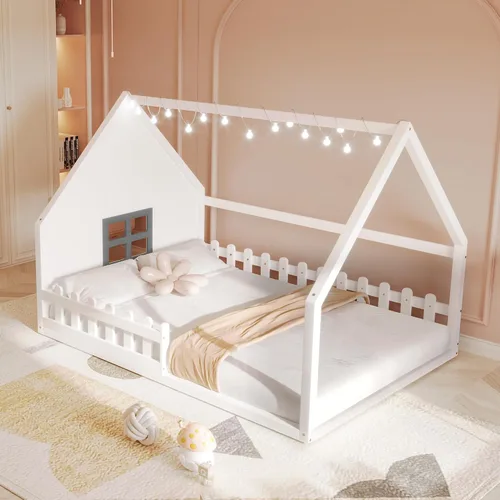 Miniatura 11 de MERITLINE Cama de casa para niños, cama Montessori tamaño matrimonial, marco de madera con rieles y ventana, no necesita somier, para niños, Gris