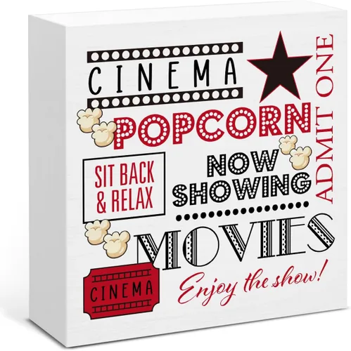 Decoración de cine vintage, accesorios de sala de cine, letrero de madera retro para cine en casa, sala de juegos, decoración de escritorio, 5 x 5