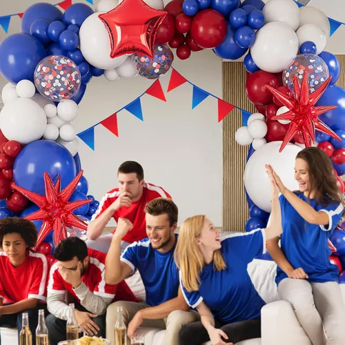 Miniatura 4 de Kit de guirnalda de arco de globos azules, blancos y rojos: 127 globos de aluminio con forma de estrella de explosión roja para cumpleaños