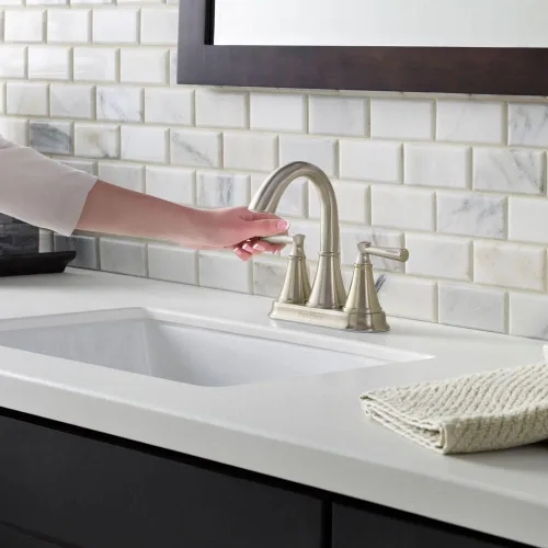 Miniatura 3 de Pfister Cantara LF048CRKK - Grifo de lavabo de baño, centro de 4 pulgadas, 2 asas, 3 agujeros, acabado de níquel cepillado, LF048CRKK Cromo pulido