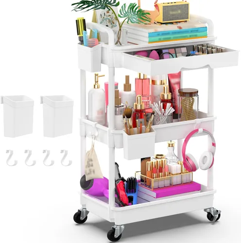 Miniatura 19 de Goovilla Organizador de carrito utilitario de 3 niveles con cajón extraíble, carritos de almacenamiento rodantes negros estables y resistentes con 2