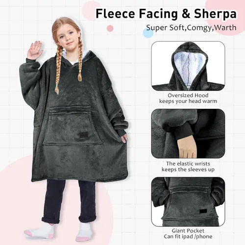 Miniatura 3 de Solaris - Sudadera con capucha tipo manta para niños - Regalo cálido y suave, sudadera de forro polar Sherpa de gran tamaño y acogedora para Gris