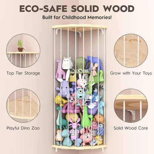 Miniatura 4 de Zoológico de almacenamiento de animales de peluche de esquina, organizador grande ajustable de juguetes de felpa de madera maciza, estante colgante
